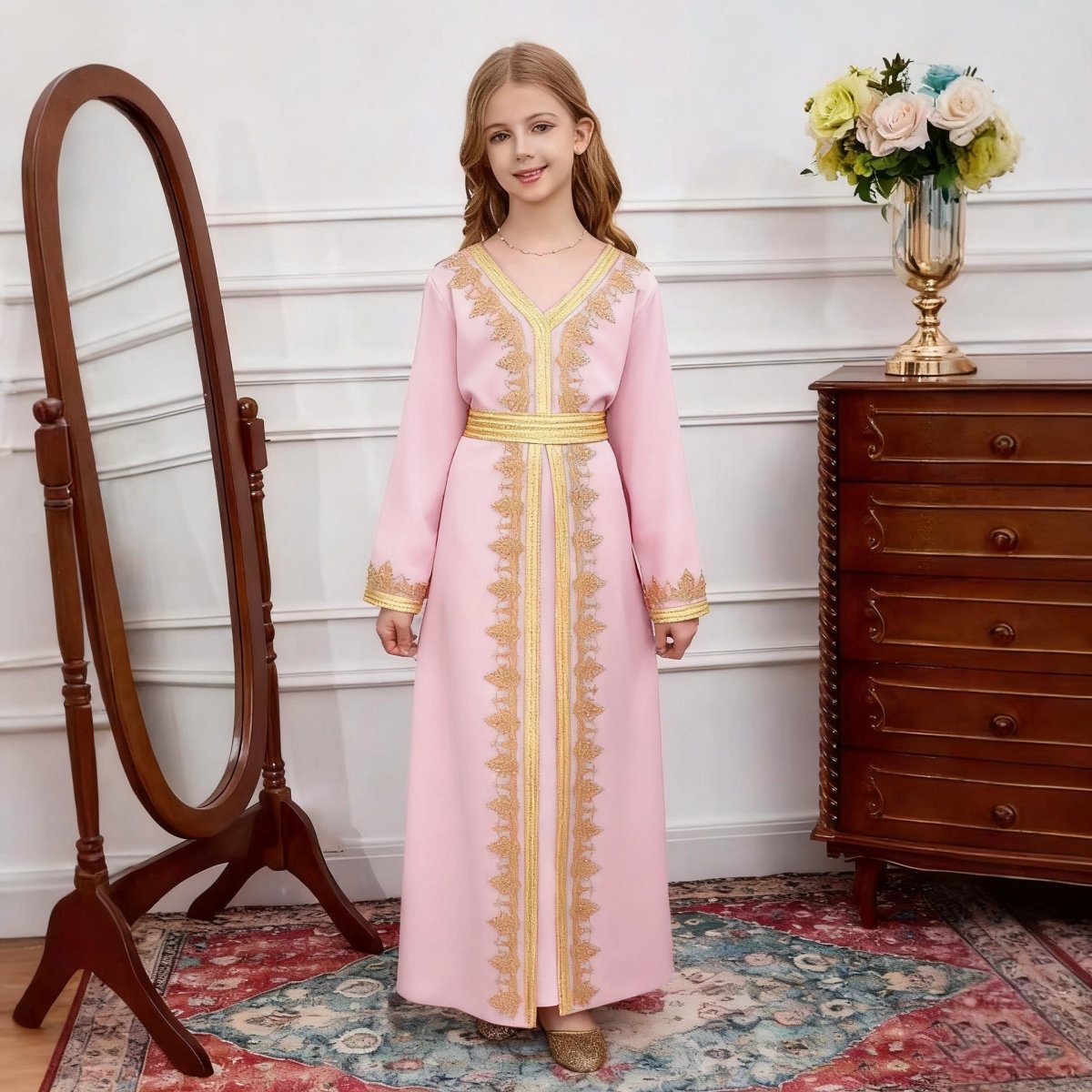 Girls V - Neck Patchwork Lace Kid Abaya(MKG010) - Mariam's Collection
