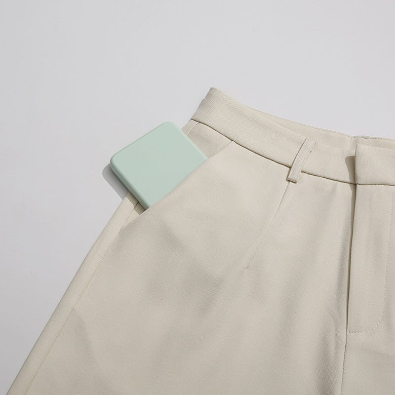 Gold button modest blazer set with flattering straight leg trousers