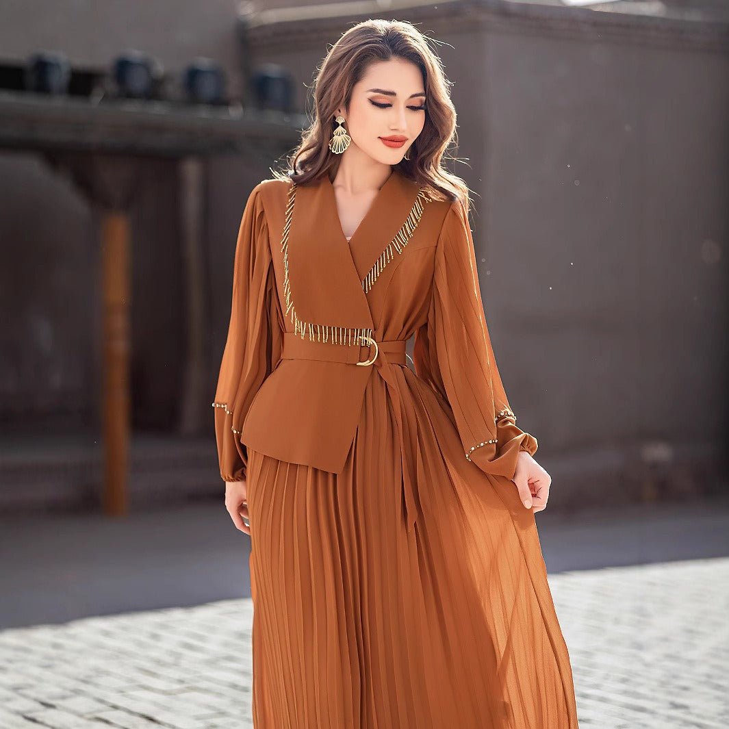 Hand - Beaded V - Neck Pleated Maxi Dress | Bubble Sleeve Crystal Embellished Gown(MS212) - Mariam's Collection