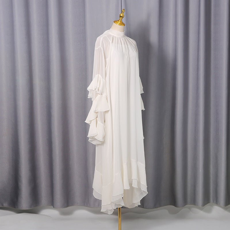 High Neck Ruffle Sleeve Dress – White Chiffon Party Dress