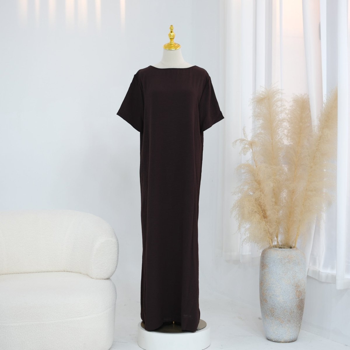 Relaxed oversized fit of the ice silk crinkle modest slip dress