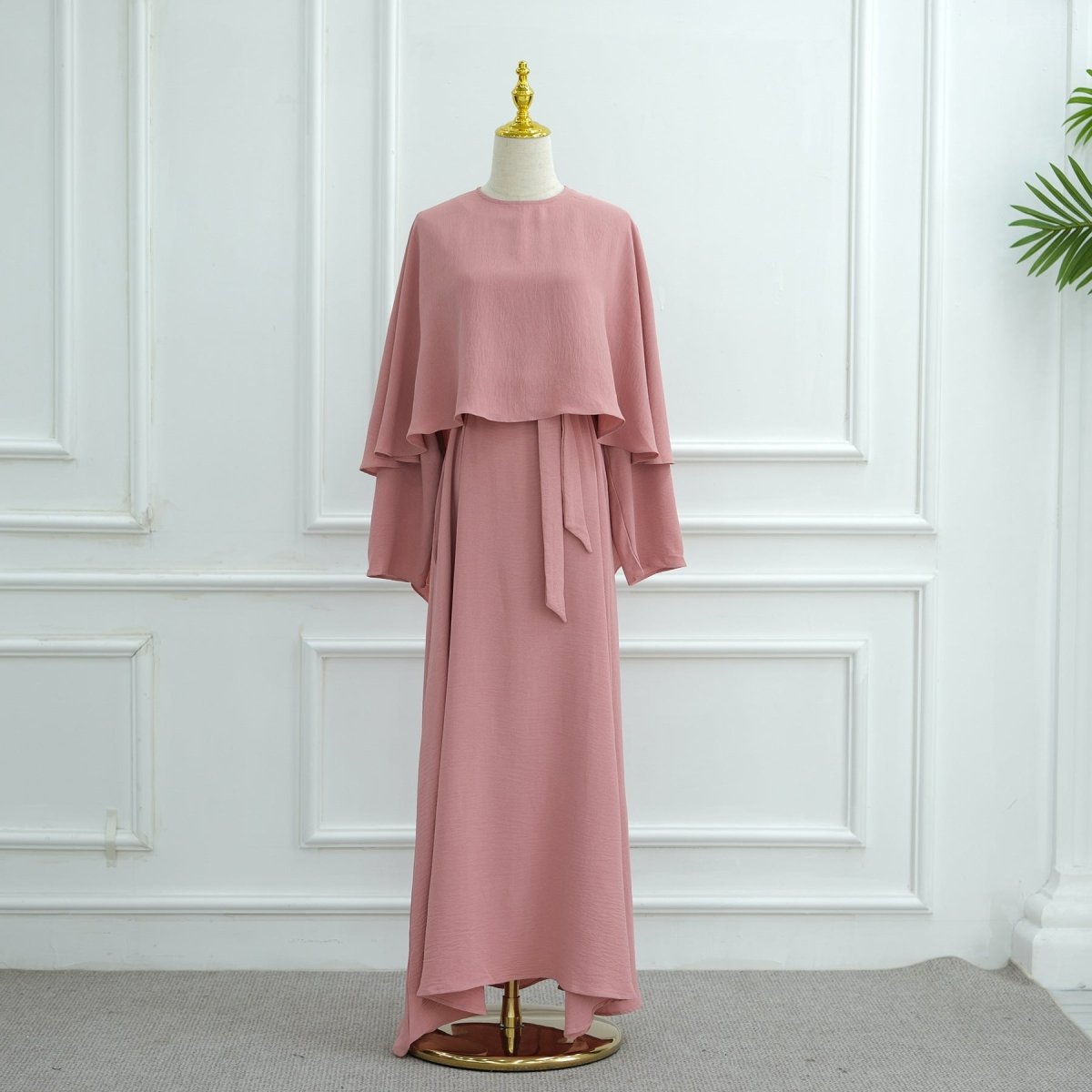 Ice Silk Crinkle Cape Set | 3 - Piece Solid Color Abaya with Inner Dress & Belt(MA304) - Mariam's Collection