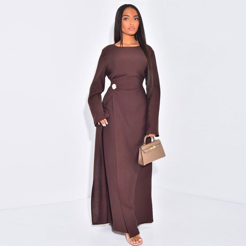 Ice Silk Crinkle Round Neck A - Line Work Dress with Decorative Button & Built - in Belt(MA308) - Mariam's Collection