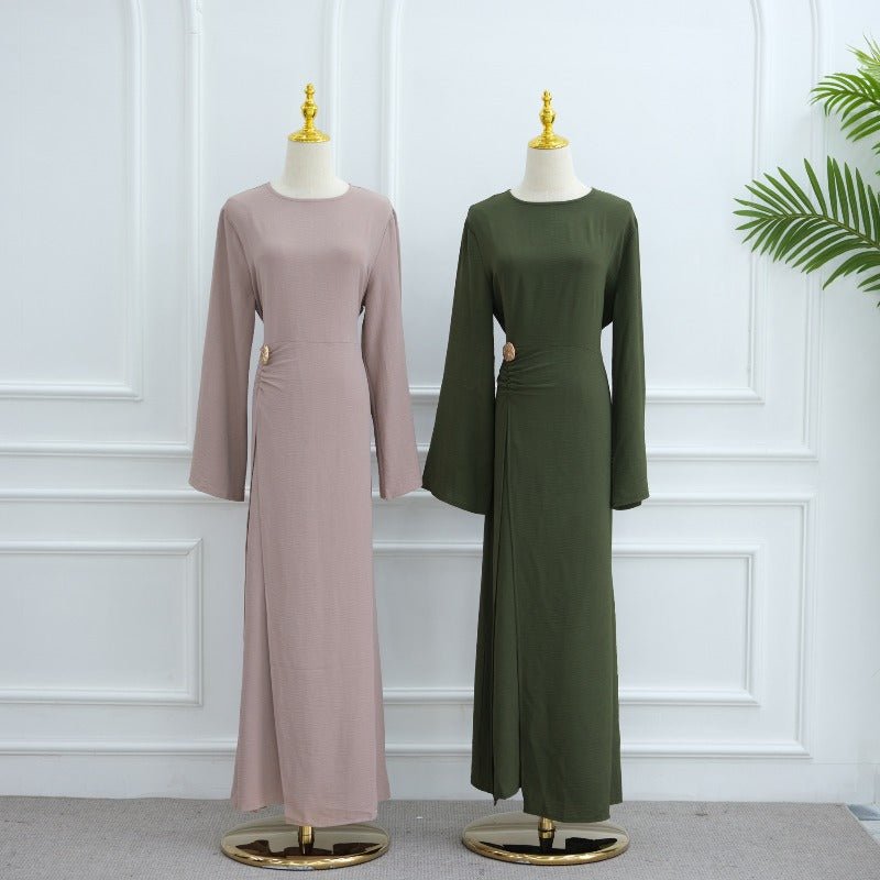 Ice Silk Crinkle Round Neck A - Line Work Dress with Decorative Button & Built - in Belt(MA308) - Mariam's Collection