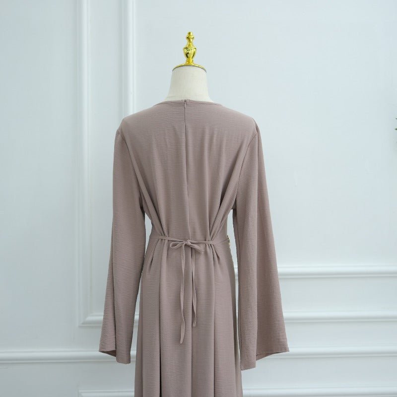 Ice Silk Crinkle Round Neck A - Line Work Dress with Decorative Button & Built - in Belt(MA308) - Mariam's Collection