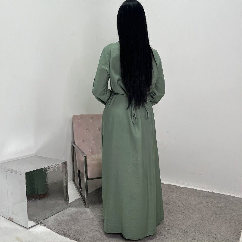 Ice Silk Crinkle Round Neck A - Line Work Dress with Decorative Button & Built - in Belt(MA308) - Mariam's Collection