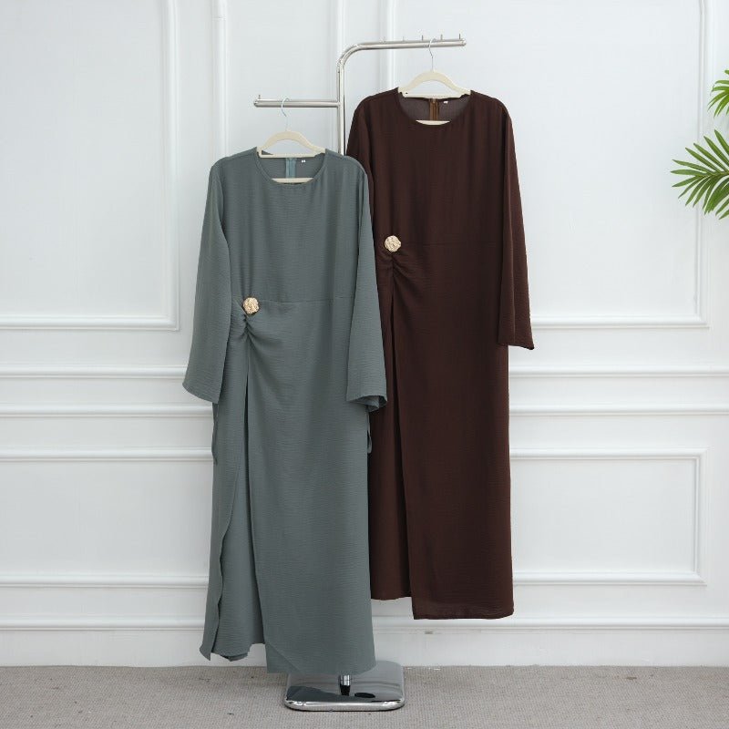 Ice Silk Crinkle Round Neck A - Line Work Dress with Decorative Button & Built - in Belt(MA308) - Mariam's Collection