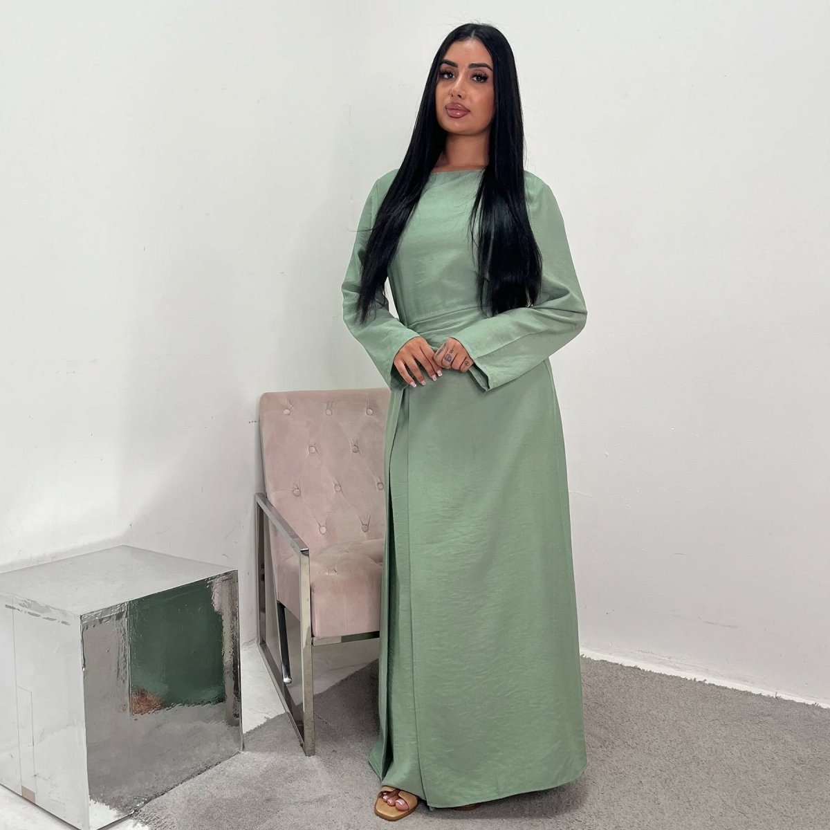 Ice Silk Crinkle Round Neck A - Line Work Dress with Decorative Button & Built - in Belt(MA308) - Mariam's Collection