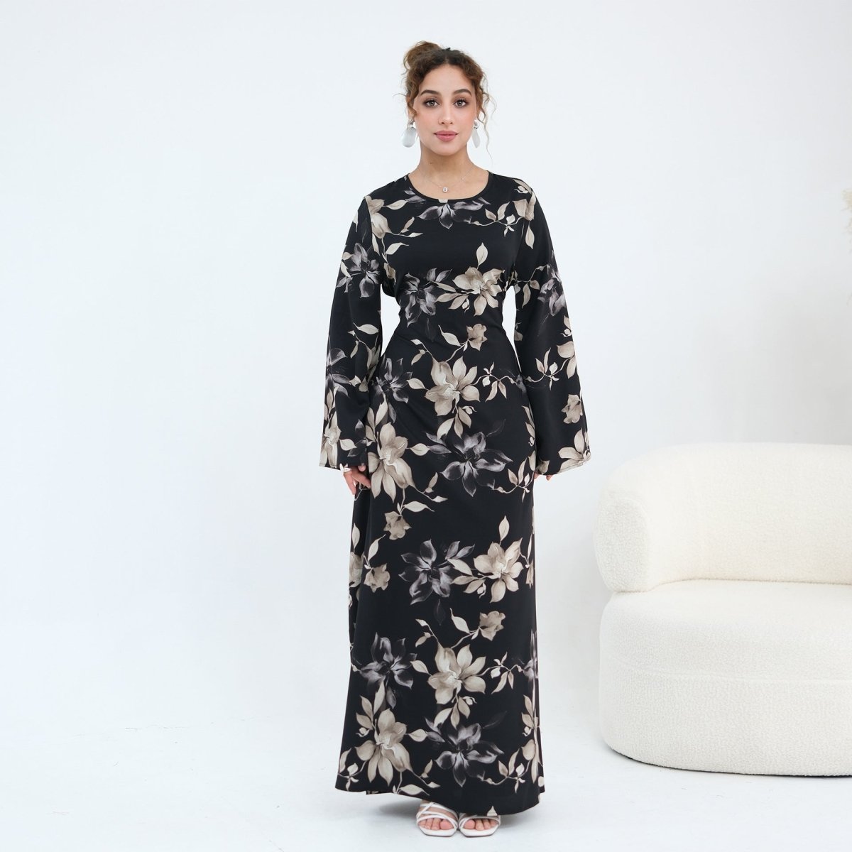 Ink Floral Satin Maxi Dress – Bell Sleeve Satin Abaya