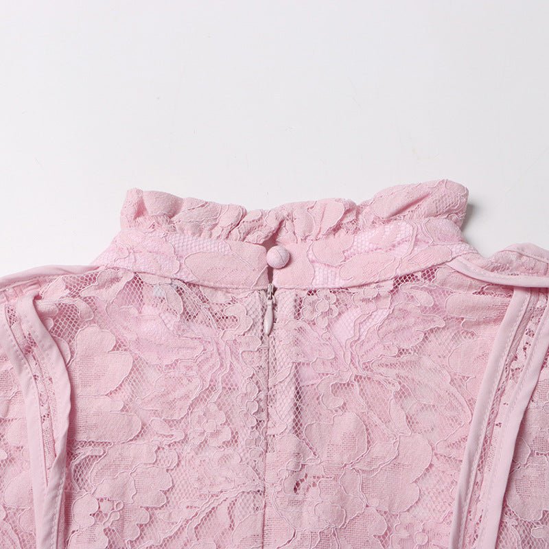 Modest romantic lace dress with dramatic bell sleeve construction