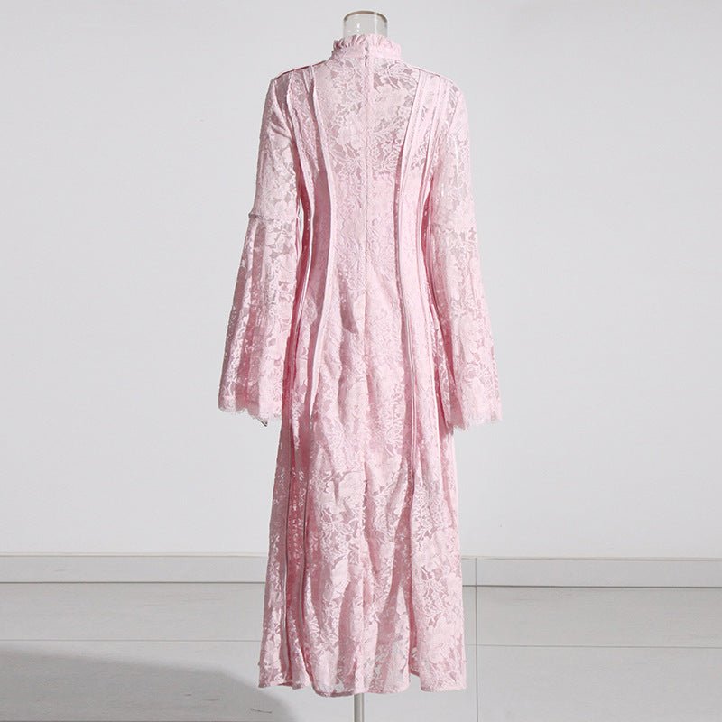 Black lace bell sleeve dress with elegant stand collar detail
