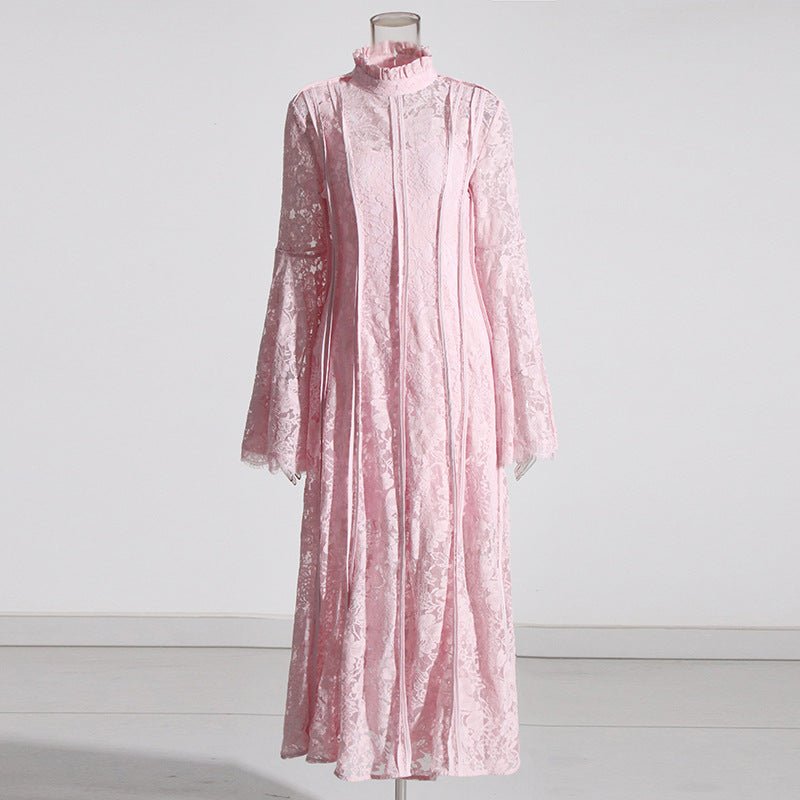 Romantic lace modest gown with allover floral lace and stand neckline