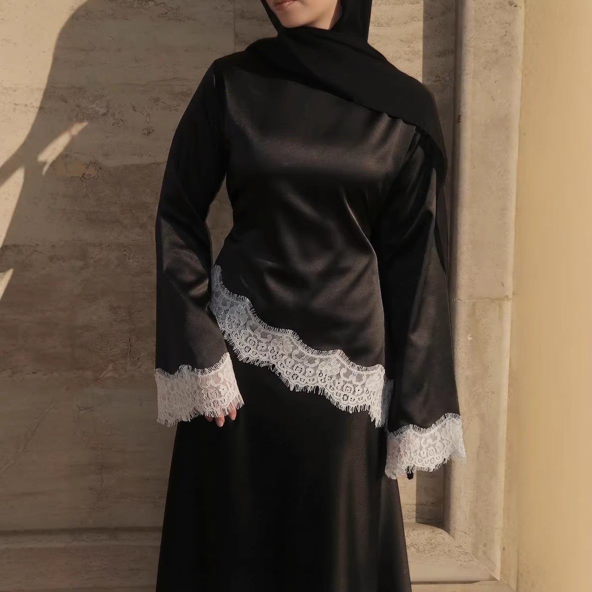 Lace Trim Satin Top – Bell Sleeve Contrast Panel Top