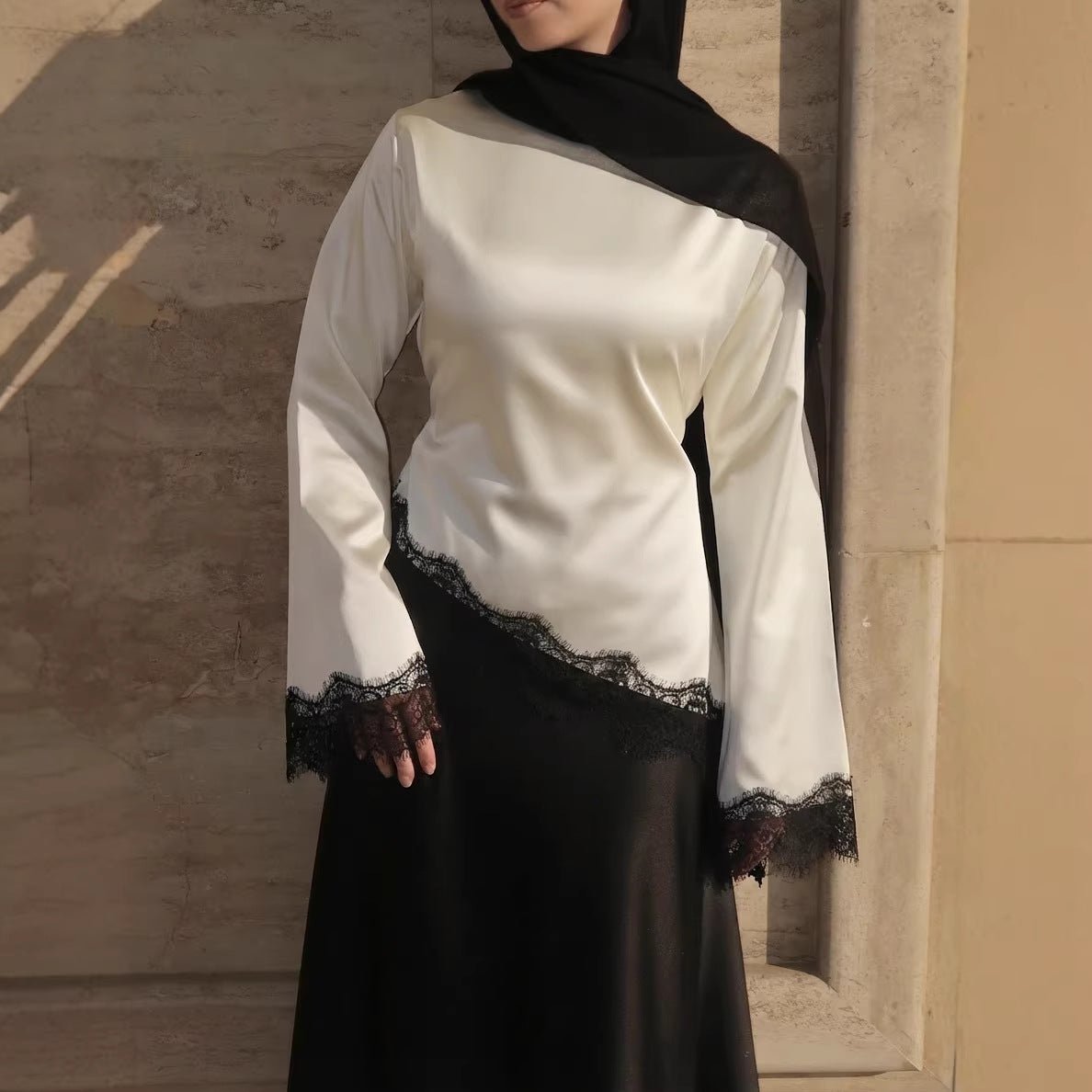 Lace Trim Satin Top – Bell Sleeve Contrast Panel Top