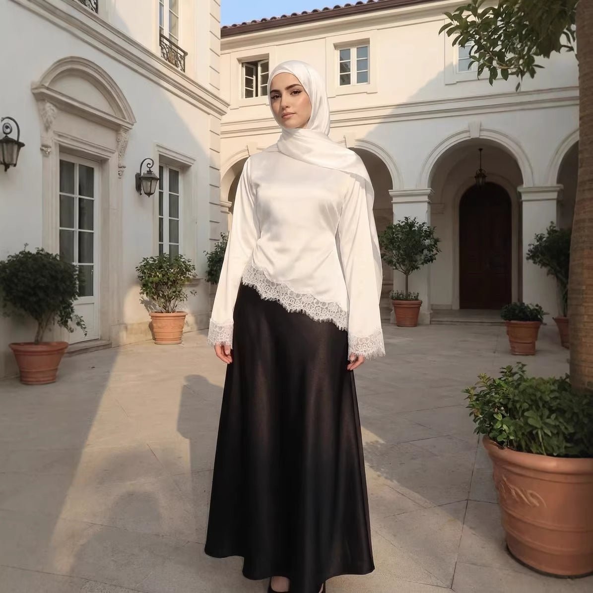 Lace Trim Satin Top – Bell Sleeve Contrast Panel Top