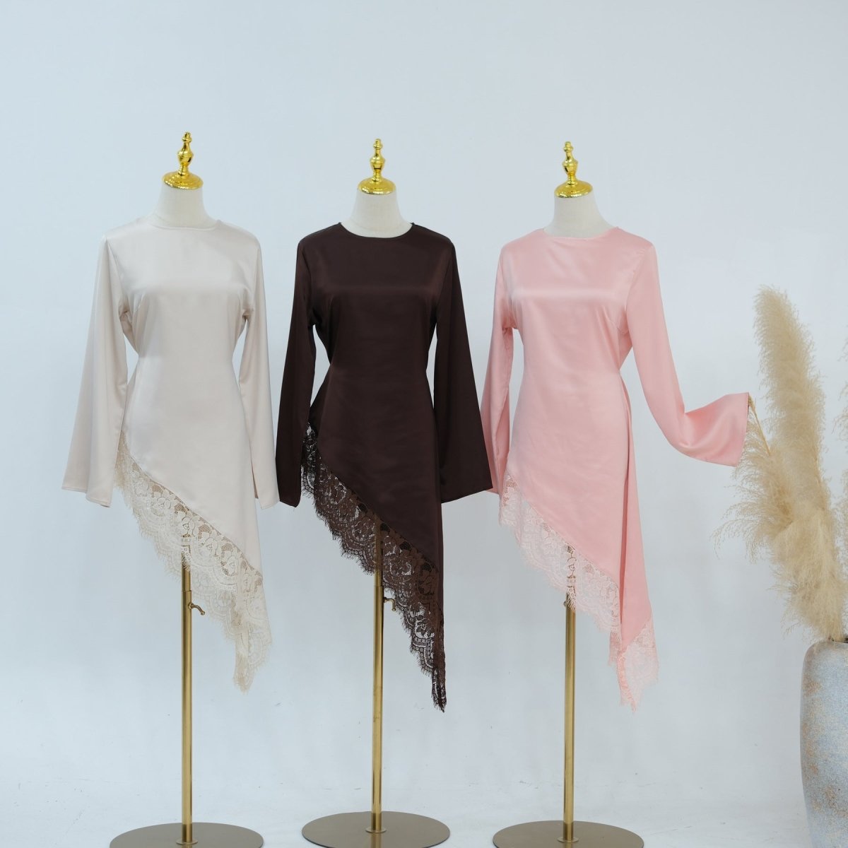 Lace Trim Satin Top – Contrast Panel Bell Sleeve Top