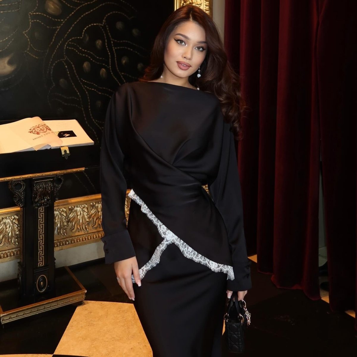 Modest two-piece ensemble in off-white with sophisticated wrap styling