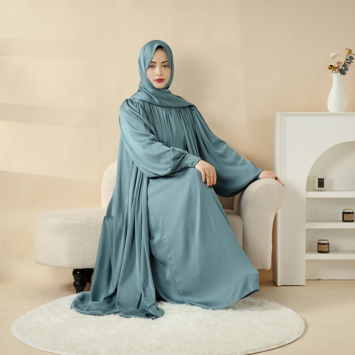 Lantern Sleeve Abaya, 4 - Piece Set Large Pleated Sleeves Abaya (MOA084) - Mariam's Collection