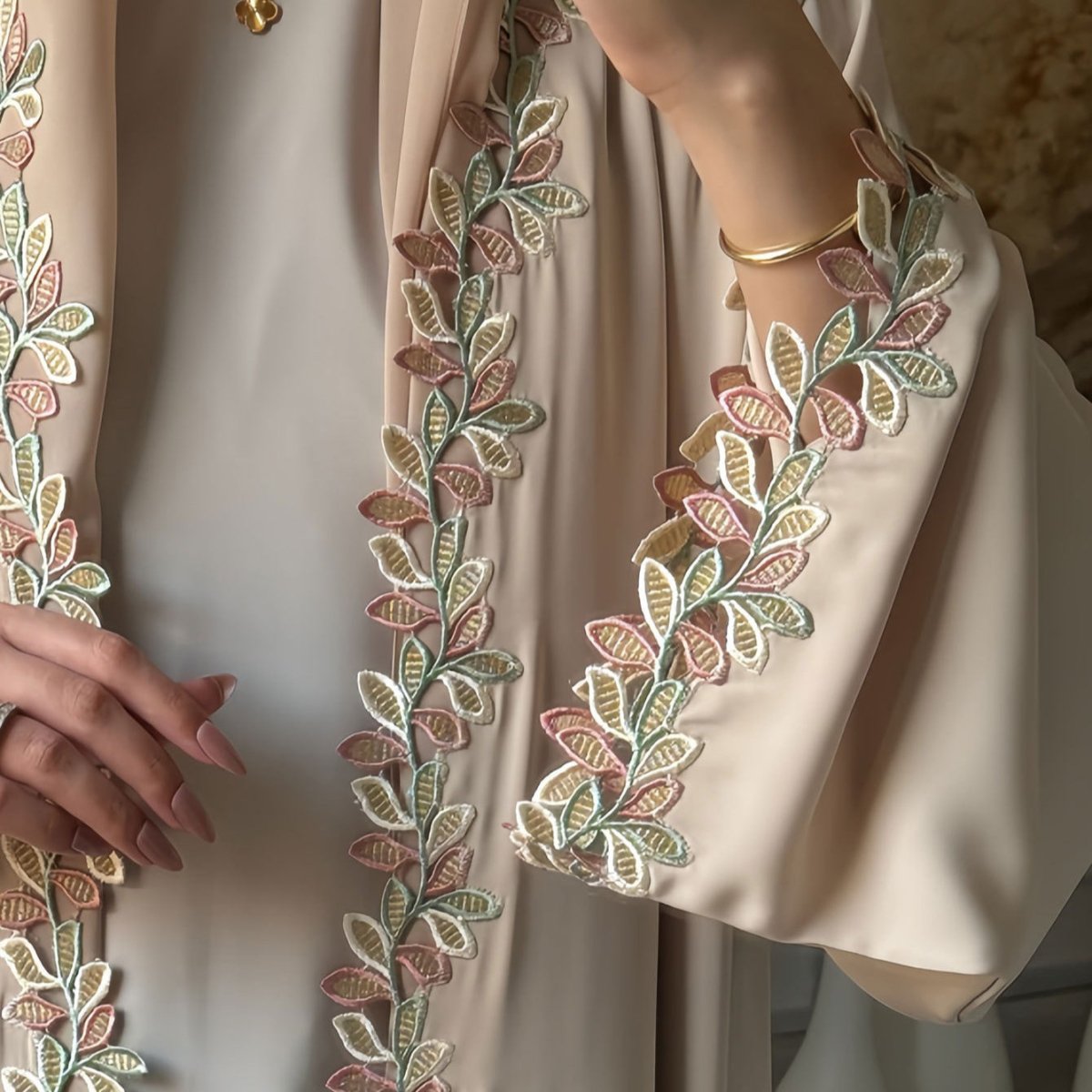 Leaf Lace Trim Abaya | Elegant Embroidered Open - Front Maxi Dress(MOA255) - Mariam's Collection