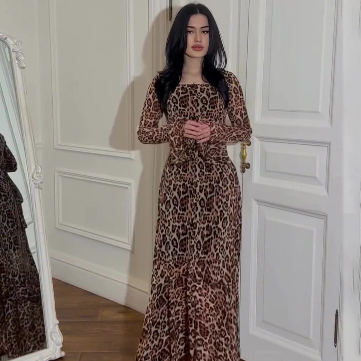 Leopard Print Chiffon Dress – Ruffle Sleeve Party Abaya