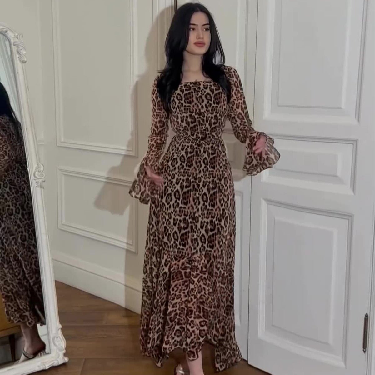 Leopard Print Chiffon Dress – Ruffle Sleeve Party Abaya