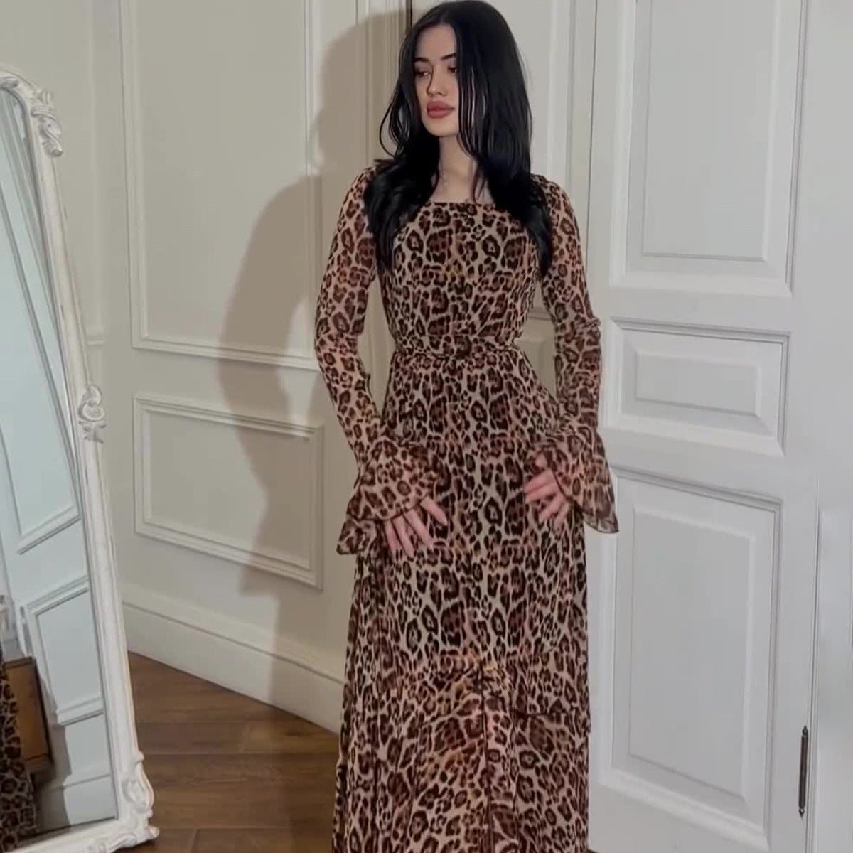 Leopard Print Chiffon Dress – Ruffle Sleeve Party Abaya