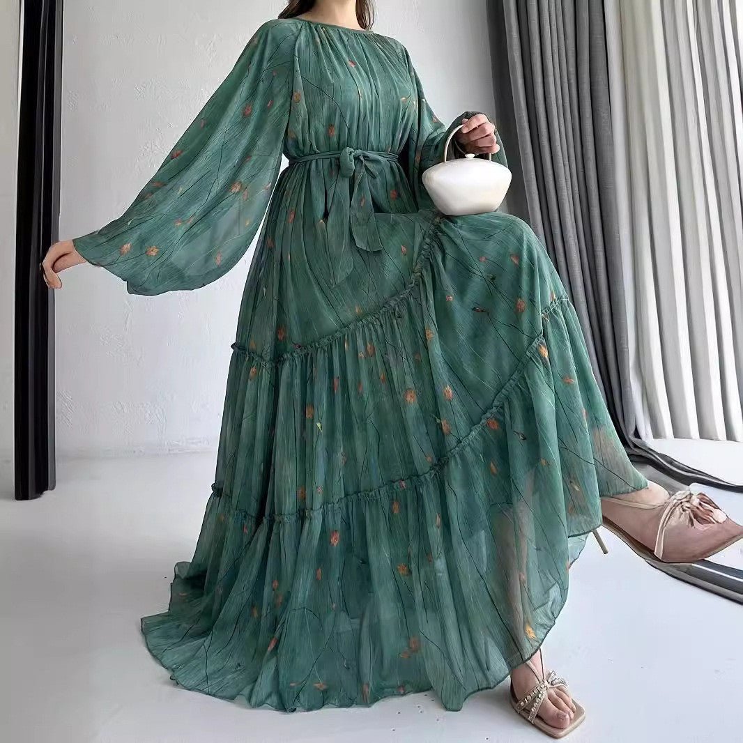 Long Sleeve Belted Chiffon Dress | Elegant Boho Peasant Gown(MA380) - Mariam's Collection