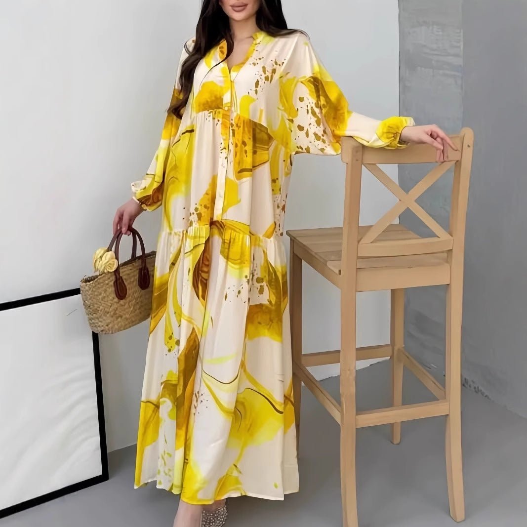 Loose Fit V - Neck Long Sleeve Dress Abaya(MA377) - Mariam's Collection