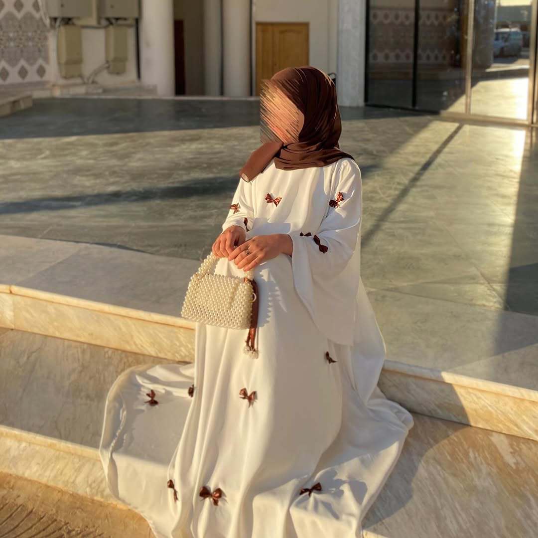 Loose Hem Long Abaya with Bell Sleeves & Butterfly Bow Detail (MA151) - Mariam's Collection