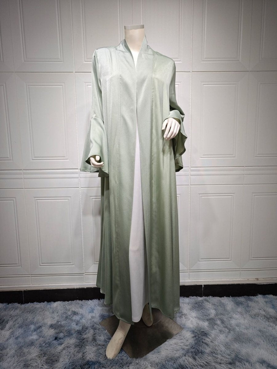 Lotus Leaf Sleeve Solid Soft Satin Open Front Abaya Dress | Lightweight Modest Abaya Cover(MOA220) - Mariam's Collection