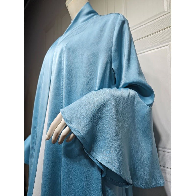 Lotus Leaf Sleeve Solid Soft Satin Open Front Abaya Dress | Lightweight Modest Abaya Cover(MOA220) - Mariam's Collection