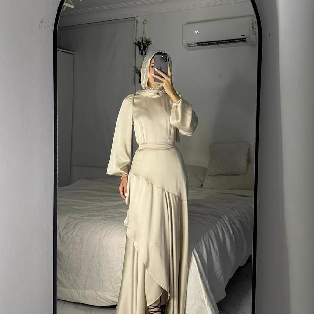 Luxe Satin Ruffle Hem Maxi Dress | Elastic Cuff Belted Abaya (MS187) - Mariam's Collection