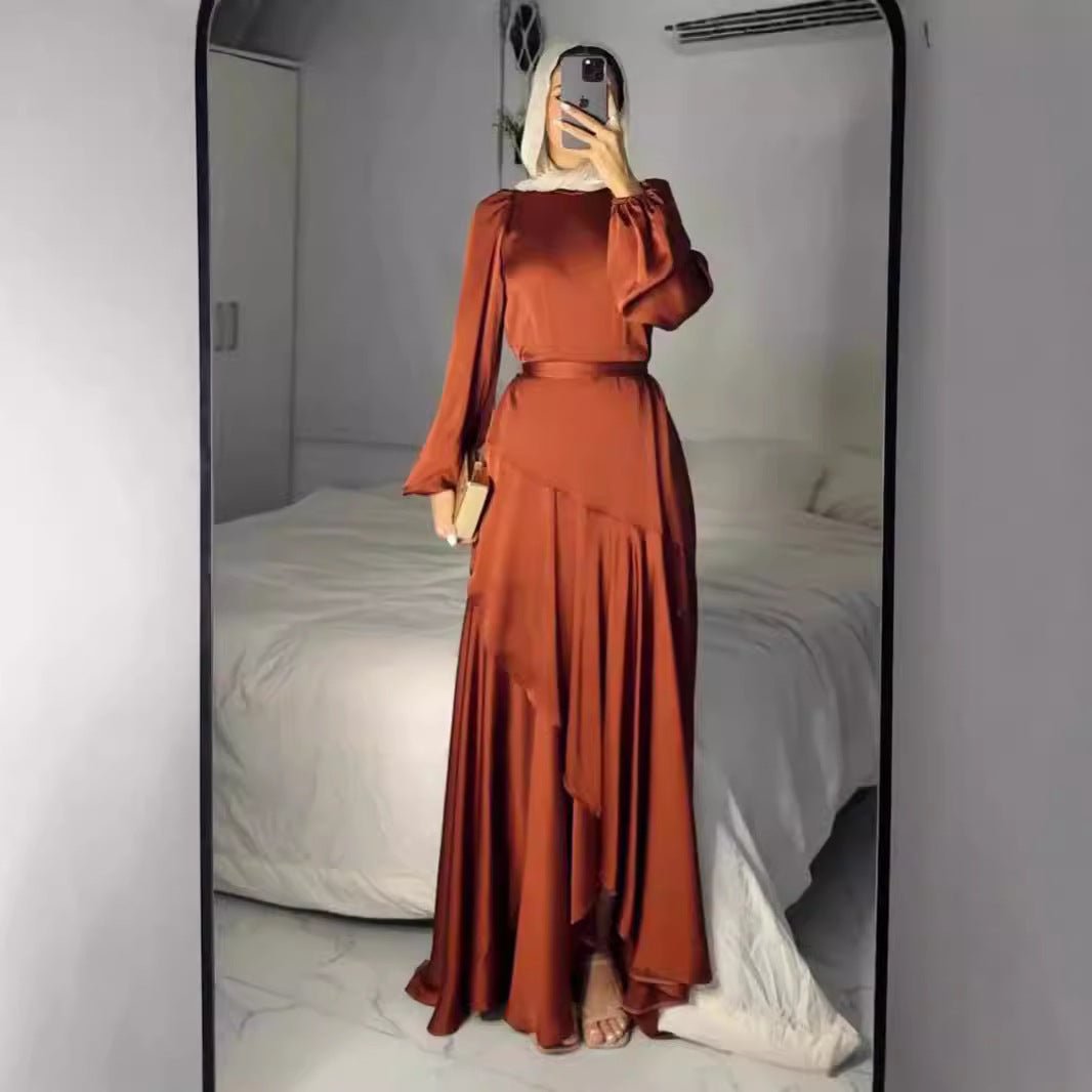 Luxe Satin Ruffle Hem Maxi Dress | Elastic Cuff Belted Abaya (MS187) - Mariam's Collection