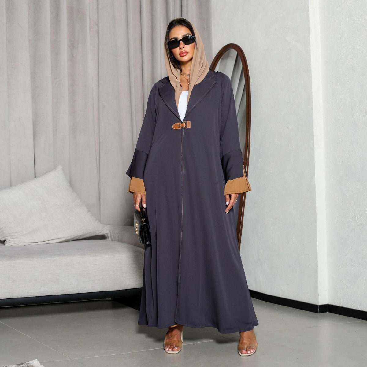 Luxe Suede Robe Dress | Navy Blue Maxi with Gold Accents & Bell Sleeves(MOA200) - Mariam's Collection