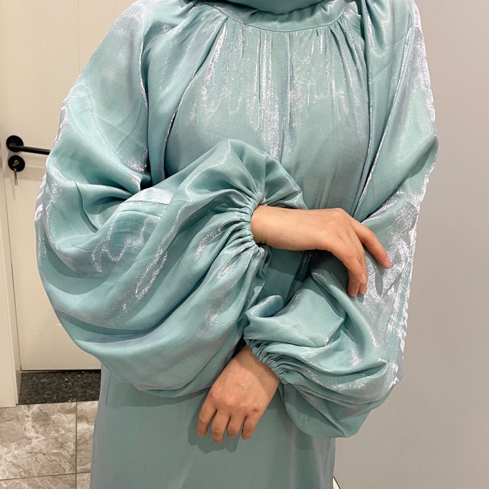 Luxurious Shimmer Abaya with Lantern Sleeves | Stand Collar Back Tie Maxi Dress(MA324) - Mariam's Collection