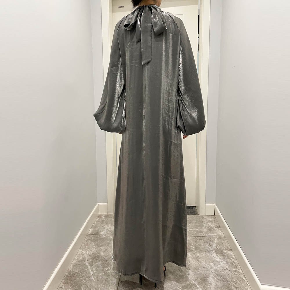 Luxurious Shimmer Abaya with Lantern Sleeves | Stand Collar Back Tie Maxi Dress(MA324) - Mariam's Collection