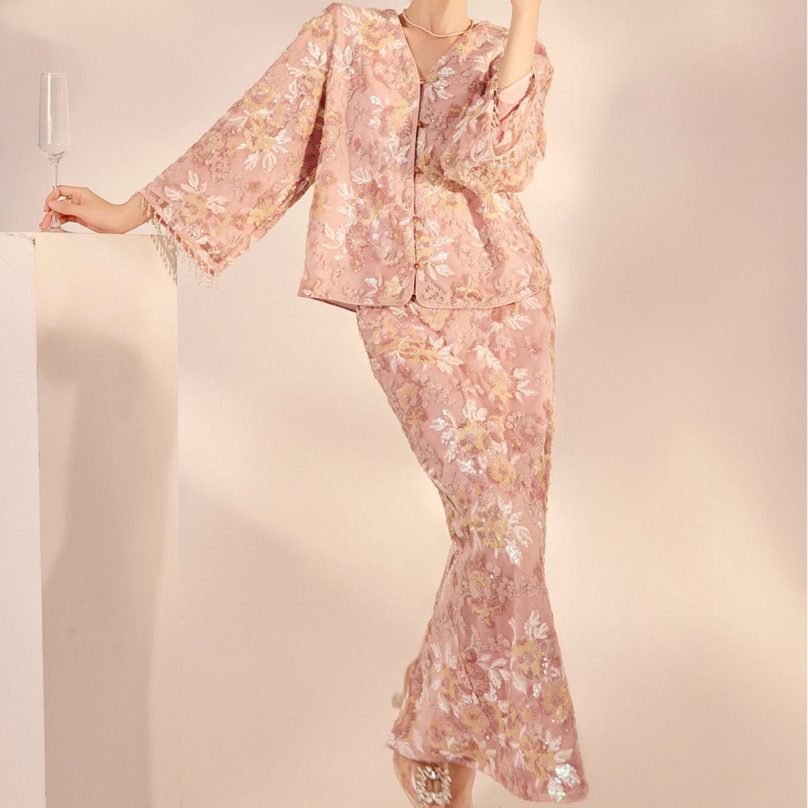 Luxury Embroidered Floral Jacket & Skirt Set(MS307) - Mariam's Collection