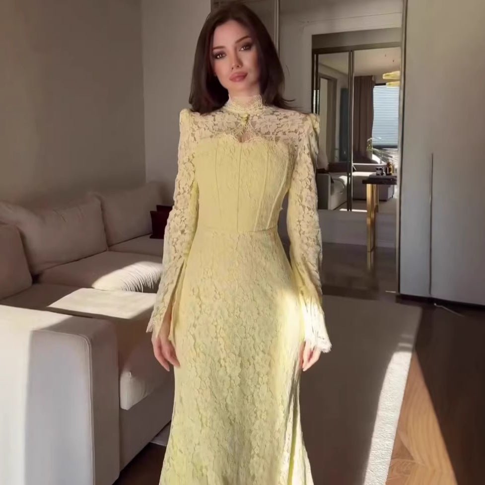 Luxury Lace Dress with Bell Sleeves – Floral Lace Maxi Gown