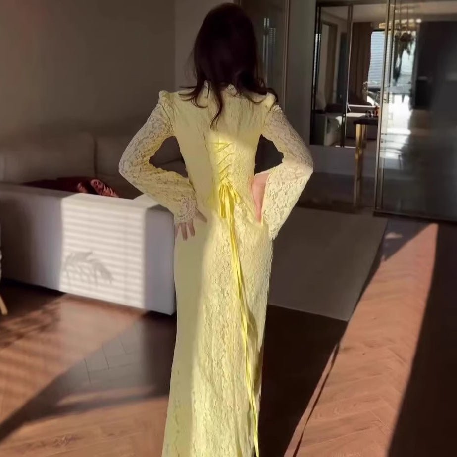 Luxury Lace Dress with Bell Sleeves – Floral Lace Maxi Gown