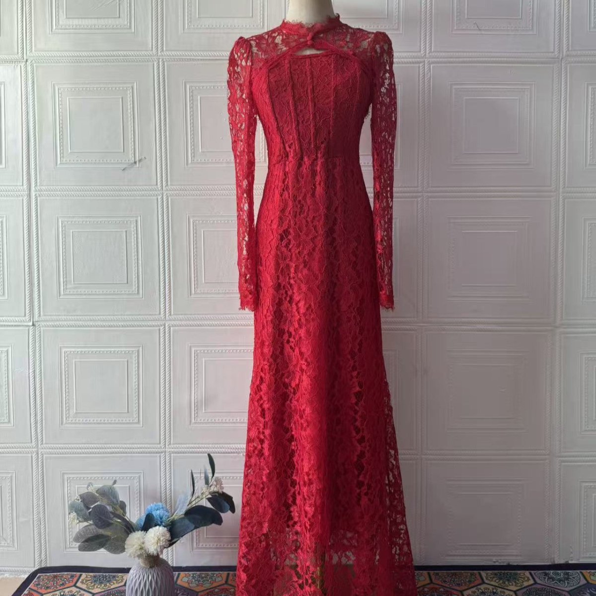 Butter yellow lace dress with bell sleeves — side profile view