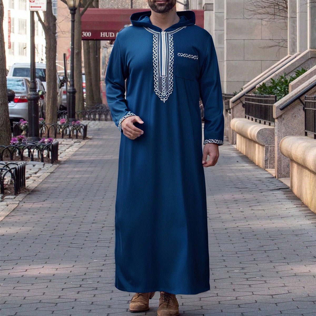 Luxury Loose Fit Hooded Premium Embroidered Men's Thobe Robe with Zipper & Islamic Calligraphy Design. (MT024) - Mariam's Collection