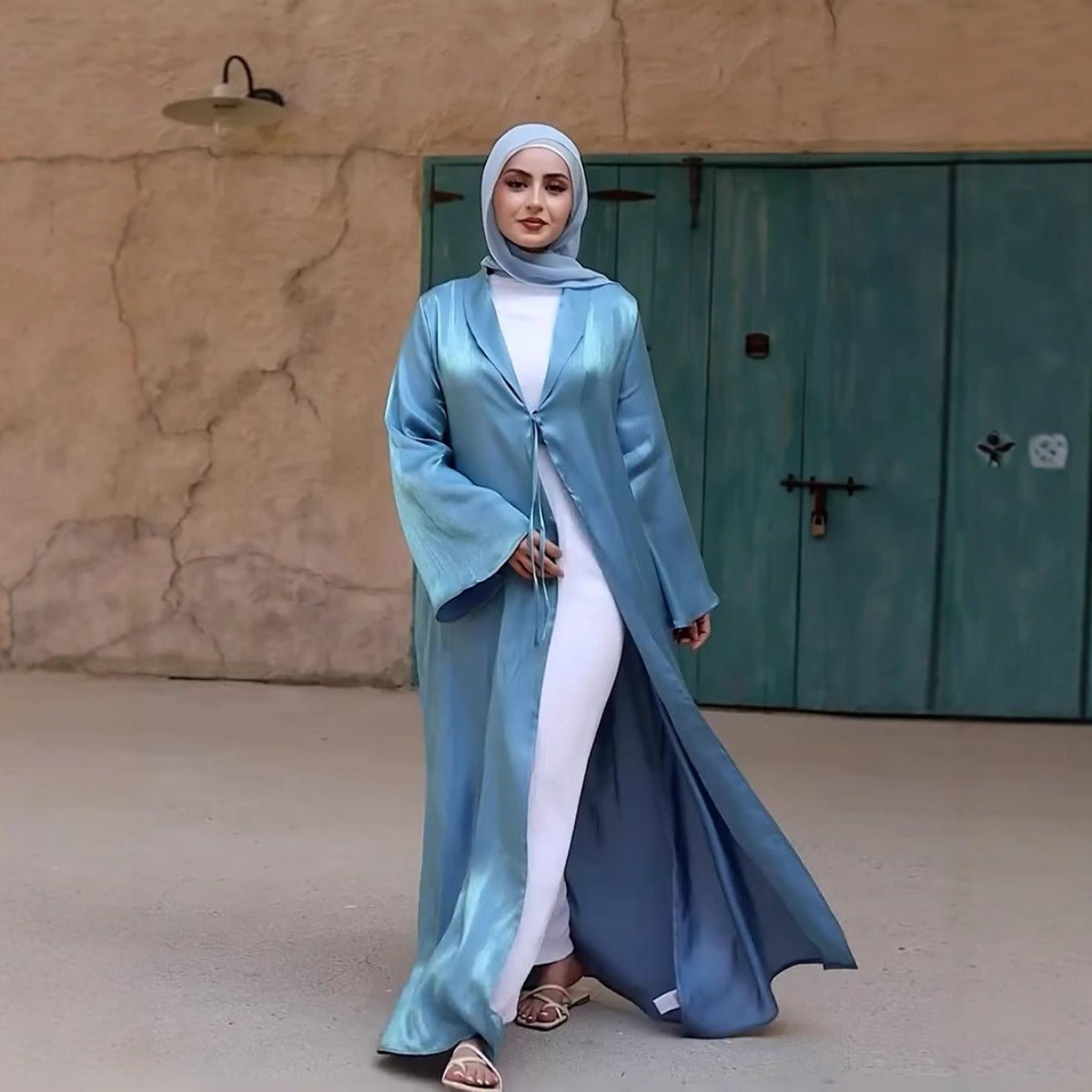 Desert Mirage Cardigan Abaya | Blue-Green Ombre Silk Abaya with Bell Sleeves