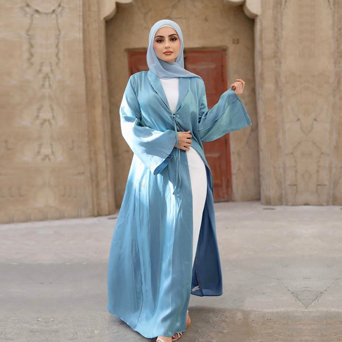 Desert Mirage Cardigan Abaya | Blue-Green Ombre Silk Abaya with Bell Sleeves