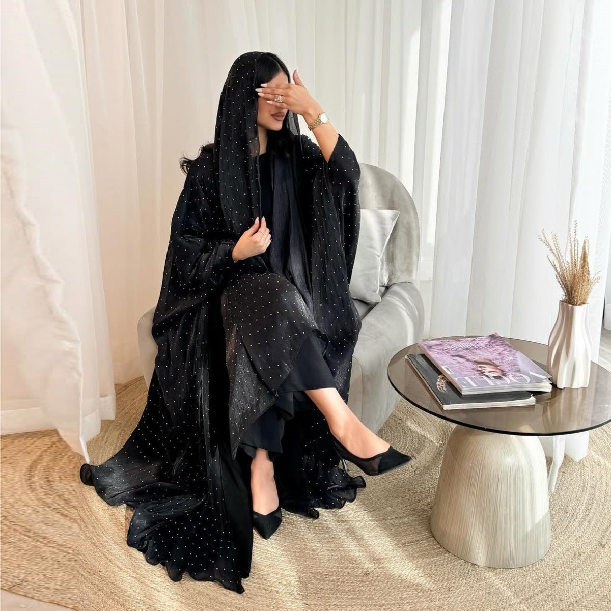 Luxury Muslim Starlight Evening Wear Abaya Set | Midnight Blue Diamond - Embellished Robe Jacket with Matching Hijab(MOA201) - Mariam's Collection