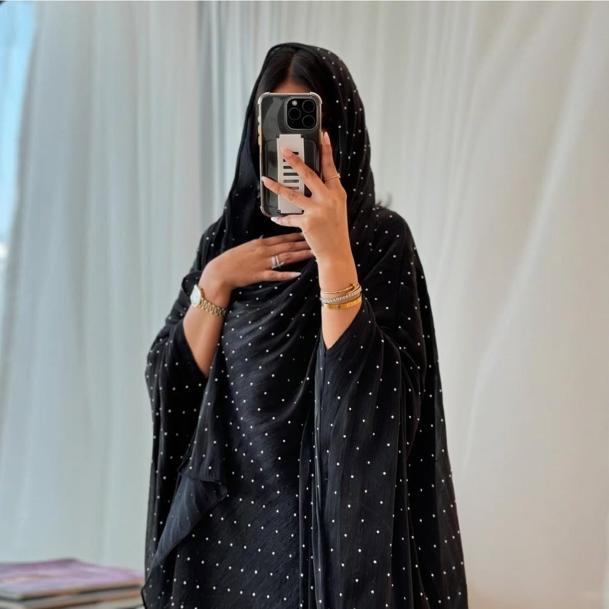 Luxury Muslim Starlight Evening Wear Abaya Set | Midnight Blue Diamond - Embellished Robe Jacket with Matching Hijab(MOA201) - Mariam's Collection