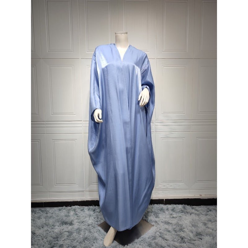 Luxury Silk Satin Bat Sleeve Abaya Robe | Modest V - Neck Evening Dress(MOA225) - Mariam's Collection