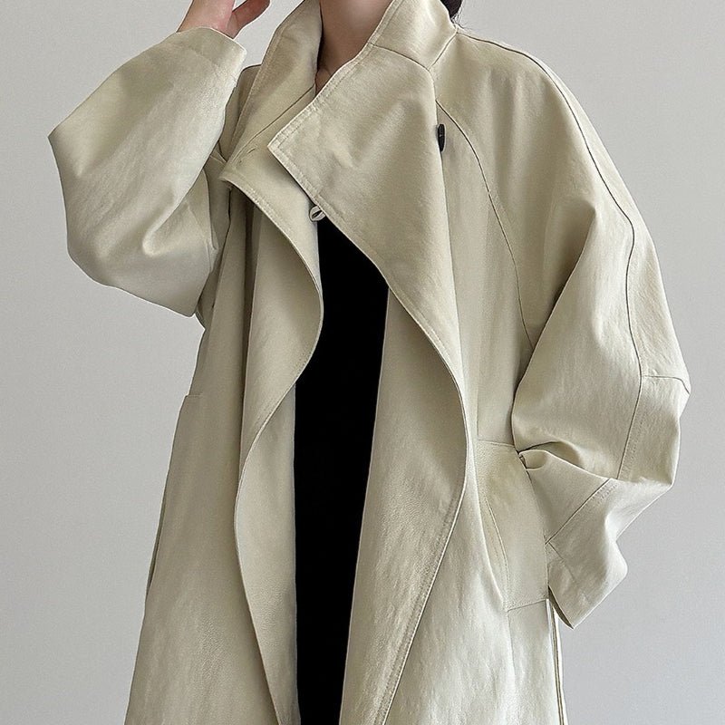 Luxury Stand Collar Coat | Single Button Mid - Length Trench (MS148) - Mariam's Collection