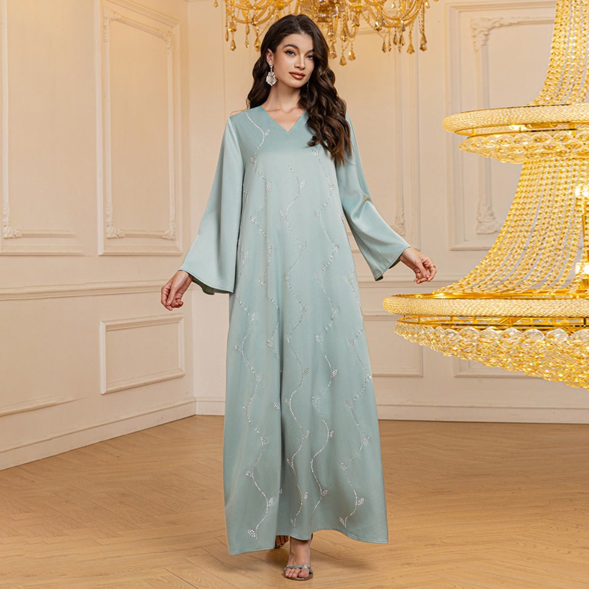 Luxury Textured Satin Diamond Embellished Robe Dress - High - End V - Neck Evening Gown with Flared Sleeves(MA276) - Mariam's Collection