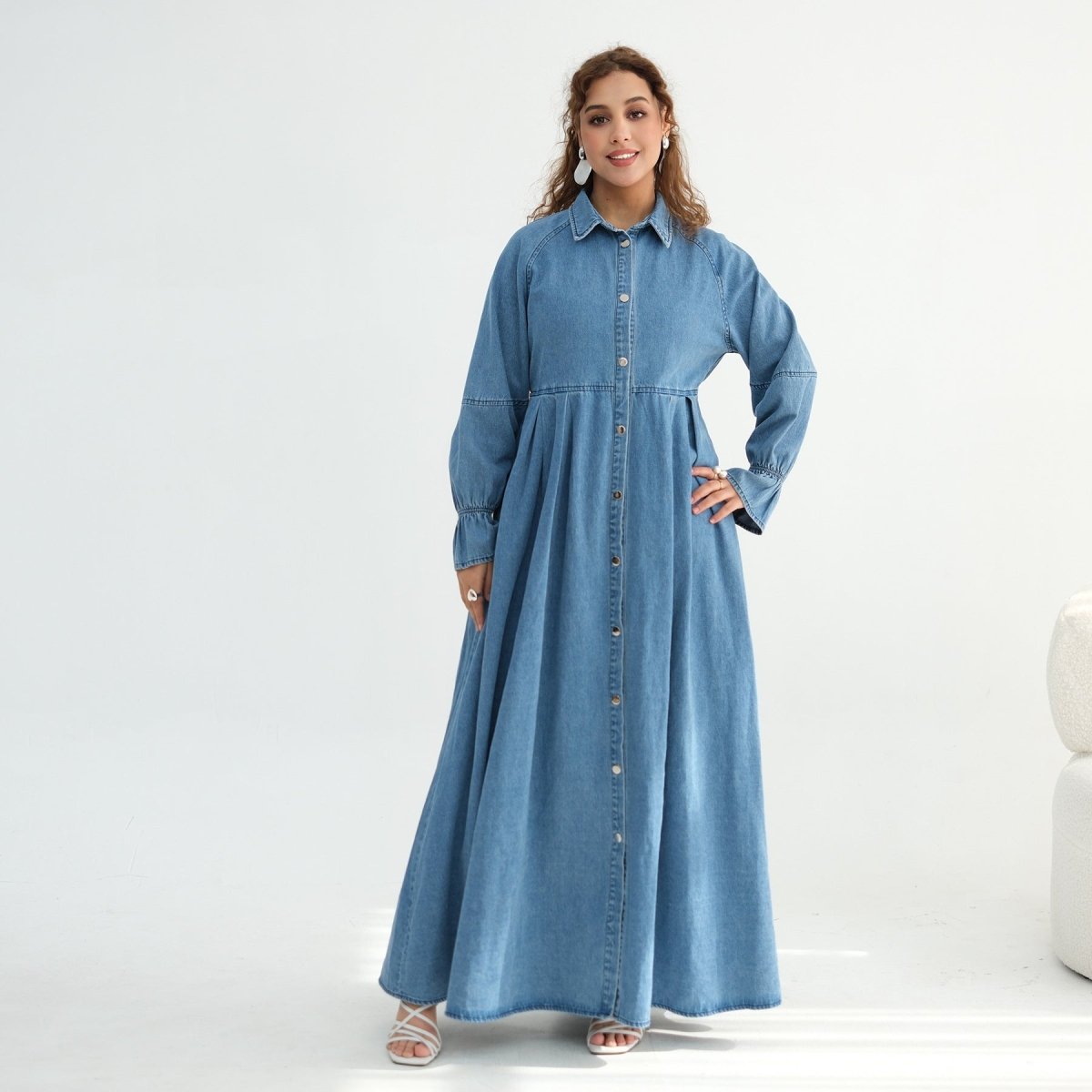 Snap button-front closure on lyocell denim modest dress