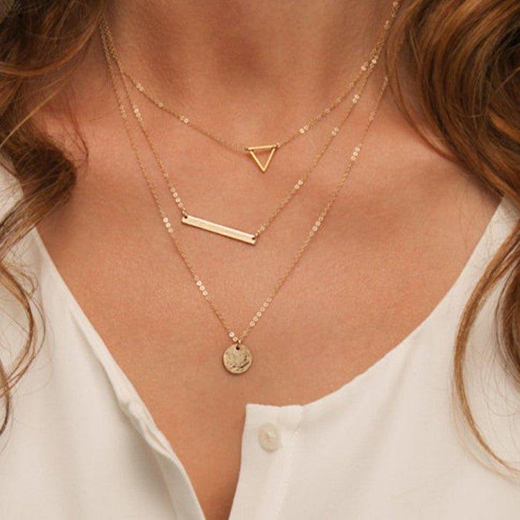 MAC090 Multi - layered Hollow Tiangular Sequin Long Round Pendant Necklace - Mariam's Collection
